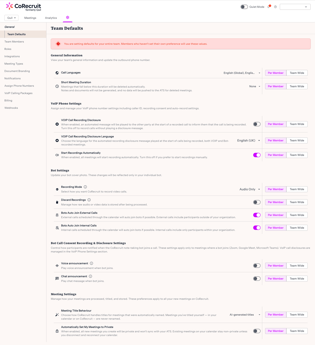 Admin Settings & Team Defaults