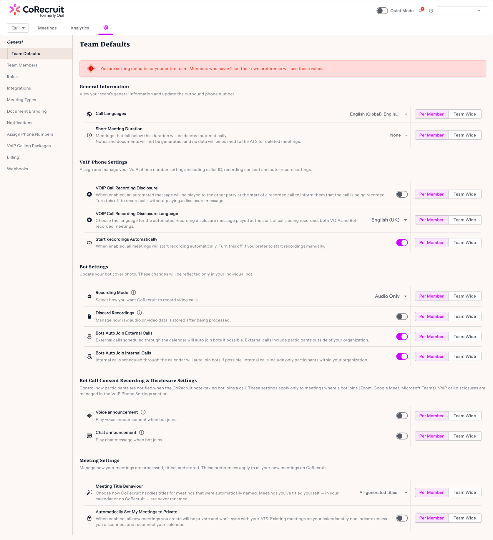 Admin Settings & Team Defaults